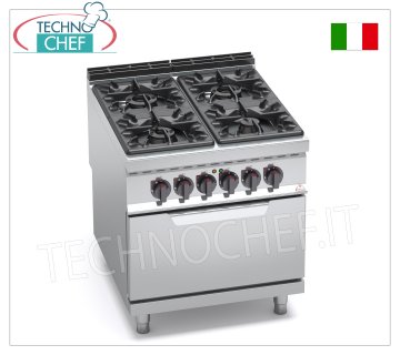 TECHNOCHEF - 4 BURNERS GAS COOKER on GN 2/1 ELECTRIC OVEN, mod. G9F4+FE GAS COOKER 4 BURNERS on ELECTRIC OVEN GN 2/1, BERTOS MAXIMA 900 line, HIGH POWER series, thermal power 34.5 kW + 7.5 kW, weight 158 ​​Kg, dim.mm.800x900x900h