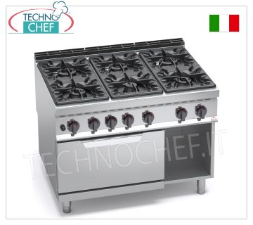 TECHNOCHEF - GAS COOKER 6 BURNERS on GAS OVEN GN 2/1, mod. G9F6+FG GAS STOVE 6 BURNERS on GN 2/1 GAS OVEN, MAXIMA 900 line, HIGH POWER series, total heat output. Kw.61.3, Weight 202 Kg, dim.mm.1200x900x900h