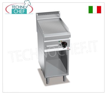 GAS GRIDDLE with MULTIPAN RIBBED PLATE, on OPEN CABINET, Mod.G7FR4M GAS GRIDDLE with RIBBED PLATE, BERTOS, MACROS 700 Line, MULTIPAN Series, 1 module on OPEN CABINET with 395x500 mm COOKING AREA, 6.9 kW thermal power, 50 Kg weight, dim.400x700x900h mm