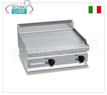 GAS GRIDDLE with MULTIPAN RIBBED PLATE, TOP module, mod.G7FR8B-2 GAS GRIDDLE with RIBBED PLATE, BERTOS, MACROS 700 line, MULTIPAN series, DOUBLE TOP module with 795x500 mm COOKING AREA, INDEPENDENT CONTROLS, thermal power Kw.13.8, Weight 70 Kg, dim.mm.800x700x290h