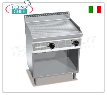 GAS GRIDDLE with MULTIPAN RIBBED PLATE, on CABINET, mod.G7FR8M-2 GAS GRIDDLE with RIBBED PLATE, BERTOS, MACROS 700 Line, MULTIPAN Series, DOUBLE module on OPEN CABINET with 795x500 mm COOKING AREA, INDEPENDENT CONTROLS, thermal power 13.8 Kw, Weight 88 Kg, dim.mm.800x700x900h