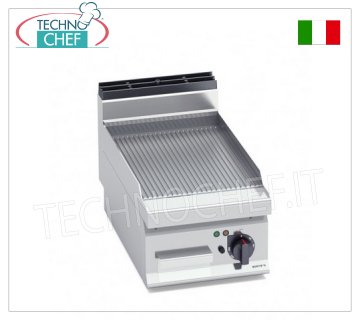 ELECTRIC GRIDDLE with RIBBED MULTIPAN PLATE, mod.E7FR4BP ELECTRIC GRIDDLE with RIBBED PLATE, BERTOS, MACROS 700 line, POWERED MULTIPAN series, 1 TOP module with 395x500 mm COOKING AREA, V.400/3+N, 4.8 kW, weight 37 Kg, dim.mm.400x700x290h