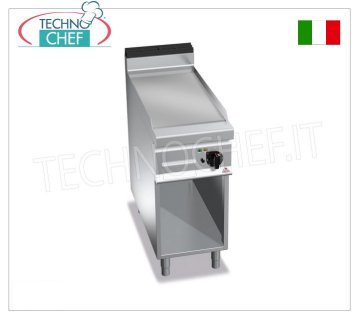 ELECTRIC GRIDDLE with SMOOTH MULTIPAN PLATE, on OPEN CABINET, mod. E9FLM ELECTRIC GRIDDLE with SMOOTH PLATE, BERTO'S, MAXIMA 900 line, MULTIPAN series, 1 module on OPEN CABINET with COOKING AREA measuring 396x667 mm, V.400/3+N, Kw.5.7, Weight 63 Kg, dim.mm .400x900x900h