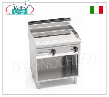 ELECTRIC GRIDDLE with SMOOTH POLISHED COMPOUND PLATE, Mod. E7FL8MP-2/CPD ELECTRIC GRIDDLE on OPEN CABINET with SMOOTH POLISHED COMPOUND PLATE, BERTO'S MACROS 700 line, module with double controls and 793x500 mm COOKING AREA, electric power Kw. 9.6, weight 87 kg, dim.mm.800x714x900h