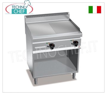 ELECTRIC GRIDDLE with MULTIPAN PLATE 1/2 SMOOTH and 1/2 RIBBED, mod.E7FM8MP-2 ELECTRIC GRIDDLE with 1/2 SMOOTH and 1/2 RIBBED PLATE, BERTOS, MACROS 700 line, POWERED MULTIPAN Series, DOUBLE module on OPEN CABINET with 795x500 mm COOKING AREA, INDEPENDENT CONTROLS, V.400/3+N, Kw .9.6, weight 87 Kg, dim.mm.800x700x900h