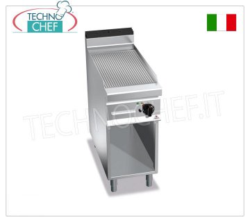 ELECTRIC GRIDDLE with MULTIPAN RIBBED PLATE, on OPEN CABINET, mod. E9FR4M ELECTRIC GRIDDLE with RIBBED PLATE, BERTO'S, MAXIMA 900 line, MULTIPAN series, 1 module on OPEN CABINET with COOKING AREA measuring 396x667 mm, V.400/3+N, Kw.5.7, Weight 63 Kg, dim.mm .400x900x900h