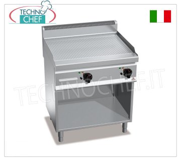 ELECTRIC GRIDDLE with MULTIPAN RIBBED PLATE, on OPEN CABINET, mod.E7FR8MP-2 ELECTRIC GRIDDLE with RIBBED PLATE, BERTOS, MACROS 700 Line, POWERED MULTIPAN Series, DOUBLE module on OPEN CABINET with 795x500 mm COOKING AREA, INDEPENDENT CONTROLS, V.400/3+N, 9.6 Kw, Weight 87 Kg , dim.mm.800x700x900h