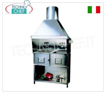 ROMAGNA GRILL - Romagna charcoal grill/cooker with 2 braziers Romagna charcoal grill with 2 braziers, complete with extractor hood with relative motor, black painted base support and wooden cage, V.230/1, Kw.0.75, Weight 170 Kg, dim.mm.1100x850x2360h.