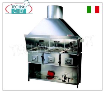 ROMAGNA GRILL - Romagna charcoal grill/cooker with 3 braziers Romagna charcoal grill with 3 braziers, complete with extractor hood with relative motor, black painted base support and wooden cage, V.230/1, Kw.0.75, Weight 200 Kg, dim.mm.1620x850x2410h.