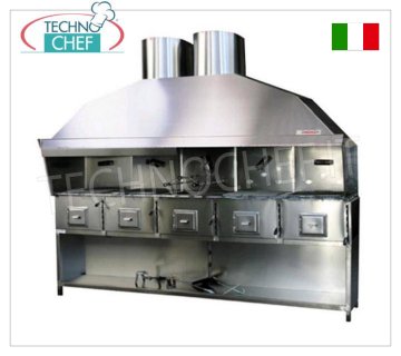 ROMAGNA GRILL - Romagna charcoal grill/cooker with 5 braziers Romagna charcoal grill with 5 braziers, complete with extractor hood with relative motor, stainless steel base support and wooden cage, V.230/1, Kw.0.75, Weight 300 Kg, dim.mm.2670x850x2410h.