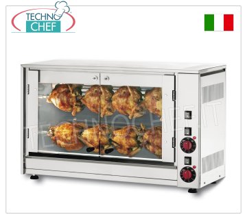 ELECTRIC ROTISSERIE with 2 superimposed rods for 8 CHICKENS ELECTRIC STAINLESS STEEL countertop ROTISSERIE with 2 overlapping single RODS for 8 CHICKENS, equipped with internal light 720 mm long, weight 41 kg, V.230/1, kw 3.5, dimensions 880x430x530h mm