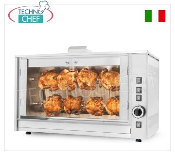 GAS ROTISSERIE with 2 overlapping RODS for 8 CHICKENS STAINLESS STEEL countertop GAS ROTISSERIE with 2 single overlapping rods for 8 CHICKENS, equipped with internal light 720 mm long, weight 55 kg, dimensions 880x430x530h mm