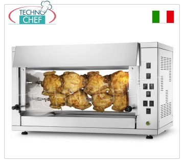 ELECTRIC ROTISSERIE with 3 overlapping RODS for 12 CHICKENS ELECTRIC STAINLESS STEEL countertop ROTISSERIE with 3 overlapping single RODS for 12 CHICKENS, equipped with internal light 720 mm long, weight 48 kg, V.230/1, kw 5.0, dimensions 880x430x710h mm