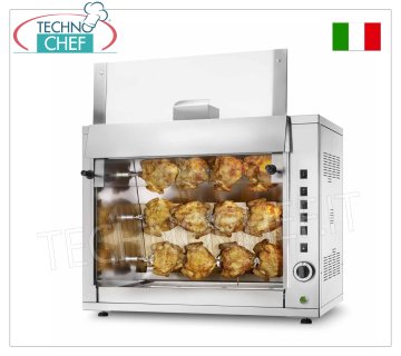 GAS ROTISSERIE with 3 overlapping RODS for 12 CHICKENS STAINLESS STEEL countertop GAS ROTISSERIE with 3 overlapping single RODS for 12 CHICKENS, equipped with 720 mm long internal light, weight 67 kg, dimensions 900x510x780h mm