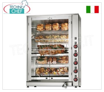 ELECTRIC ROTISSERIE with 5 INDEPENDENT Overlapping Schidione RODS for 20 CHICKENS ELECTRIC ROTISSERIE with 5 superimposed Schidione ROD with independent control for 20 CHICKENS, possibility of PARTIAL LOADING, closed with 2 glass doors, weight 88 kg, V. 400/3+N, kw 10.7, dimensions 88x45x125h cm