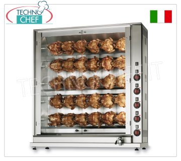 ELECTRIC ROTISSERIE with 5 independent overlapping Schidione rods for 30 CHICKENS ELECTRIC ROTISSERIE with 5 single independent superimposed RODS for 30 CHICKENS, possibility of PARTIAL LOADING, closed with 2 glass doors, weight 113 kg, V. 400/3+N, kw 15, dimensions 116x45x125h cm