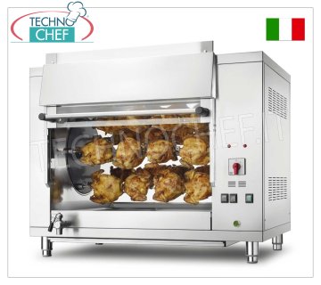 GAS PLANETARY ROTISSERIE with 5 RODS for 20 CHICKENS, STAINLESS STEEL countertop GAS PLANETARY ROTISSERIE with 5 RODS for 20 CHICKENS, equipped with internal light 708 mm long, weight 121 kg, thermal power 9 kw, V.230/1. 0.18 kw, dimensions 1008x660x790h mm