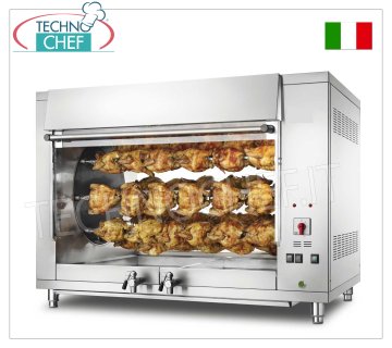 ELECTRIC PLANETARY ROTISSERIE with 8 RODS for 48 CHICKENS, ELECTRIC PLANETARY ROTISSERIE countertop in STAINLESS STEEL with 8 RODS for 48 CHICKENS, equipped with internal light 1000 mm long, weight 175 kg, V.400/3+N. 9.5 kw, dimensions 1300x800x930h mm