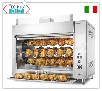 GAS PLANETARY ROTISSERIE with 8 RODS for 48 CHICKENS, STAINLESS STEEL countertop GAS PLANETARY ROTISSERIE with 8 RODS for 48 CHICKENS, equipped with internal light 1000 mm long, weight 180 kg, thermal power 13.5 kw, V.230/1, 0.18 kw, dimensions 1300x800x980h mm