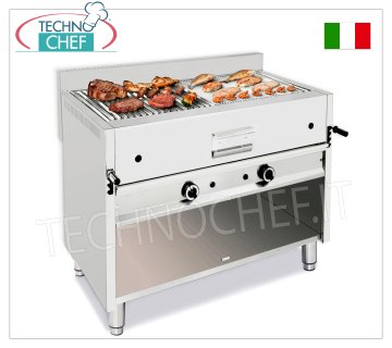 TECHNOCHEF - Gas Lava Stone Grill, Double Module on Open Compartment, Mod.I-120MOB GAS LAVA STONE GRILL, DOUBLE module on OPEN CABINET with 1095x535 mm COOKING AREA, complete with UNIVERSAL GRILL, 26 Kw thermal power, 118 Kg weight, external dimensions 1200x700x850h mm