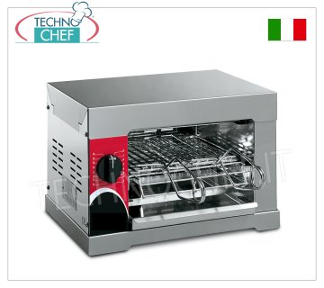 TOASTER OVEN with 2 CHROME STEEL TONGS TOASTER OVEN with 2 CHROME-PLATED STEEL TONGS, made entirely of STAINLESS STEEL, with timer and QUARTZ RESISTORS, 4 TOAST CAPACITY, internal dimensions 235x240 mm, V.230/1, 1.6 kw, external dimensions 360x410x240h mm