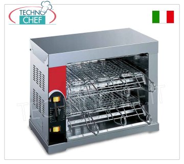 TOASTER OVEN with 6 CHROME STEEL TONGS, COMPLETE RANGE TOASTER OVEN with 6 CHROME-PLATED STEEL TONGS, made entirely of STAINLESS STEEL, with timer and QUARTZ RESISTORS, 12 TOAST CAPACITY, internal dimensions 355x240 mm, V.230/1, 3.0 kw, external dimensions 475x410x240h mm