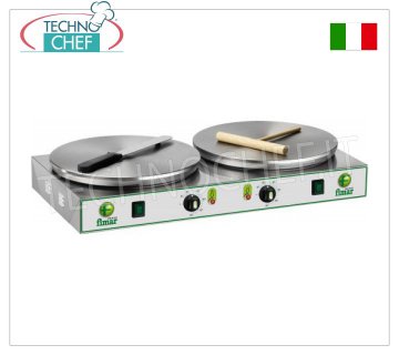 Technochef - Professional Electric Crepe Maker, 2 Cast Iron Plates Ø 350 mm, Mod.CRP2N ELECTRIC TABLE CREEPER with 2 CAST IRON COOKING PLATES and NON-SLIP MULTI-LINED SURFACE, DIAMETER 350 MM, thermostatic control of the cooking temperature, V.400/3+N, Kw.2.4+2.4, Weight 23 Kg, external dimensions mm.760x370x140h.