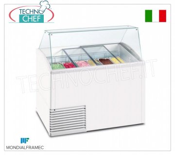 MONDIAL FRAMEC - Display case for creamed ice cream, 431 lt, Mod.SLANT510ICE Display case for creamed ice cream, MONDIAL FRAMEC, capacity 431 litres, temperature -15°/-20°C, static with evaporator wrapped in the tank, V. 230/1, Kw 0.28, Weight 103 Kg, dim.mm.1341x725x1235h