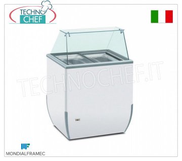 MONDIAL FRAMEC - Display case for creamed ice cream, 170 lt, Mod.BRIOICE4SK Display case for creamed ice cream, MONDIAL FRAMEC, capacity 170 litres, temperature -18°/-25°C, static with evaporator wrapped on the tank, V. 230/1, Kw 0.15, Weight 47 Kg, dim.mm.780x640x1181h