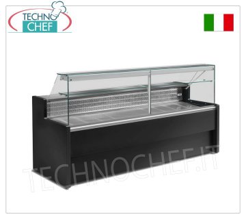 Delicatessen cold counter, temp. +4°+6°C. , Static with reserve, fixed straight glass, 78 cm deep Gastronomy Refrigerator Counter, temp.+4°/+6°, Static with reserve, complete with black shoulders, condensation collection tray and black panelling, version with STRAIGHT GLASS, V. 230/1, Weight 151 kg, dim.cm. 100x79x122h
