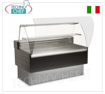 KIBUK Display Refrigerated Counter, CURVED GLASS 150 cm long, with reserve and refrigerating unit REFRIGERATED DISPLAY COUNTER with CURVED GLASS, Temperature +3°/+5°C, 1540 mm LONG, with LIGHTING, REFRIGERATED RESERVE and REFRIGERATING UNIT, V.230/1, Kw.0,663, Weight 150 Kg, dimensions 1540x900x1265h mm