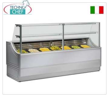 Cold Counter for Pastry-Gastronomy, Temp. +4 +6°C, Static with Cell, 81 cm deep, available in 4 lengths Food-Gastronomy Display Refrigerated Counter, temp. +4°+6°, Static with reserve, complete with gray sides, condensation collection tray and gray panels, version with FIXED TEMPERED GLASS, V. 230/1, Weight 166 kg, dim. 100x81x135h cm