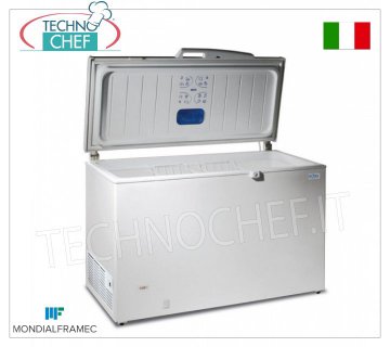 Horizontal chest freezer, 278 lt, Mod.MAEL300 Horizontal chest freezer, MONDIAL FRAMEC, capacity 278 lt, white exterior, temperature -18/-25°C, V.230/1, Kw 0.13, Weight 44 Kg, dim.mm.1096x695x860h