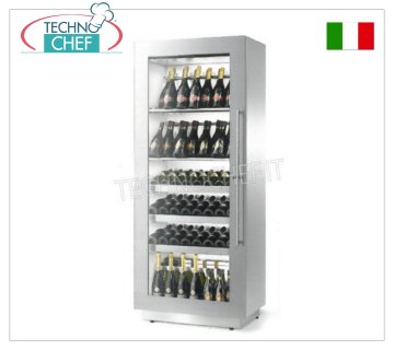 Wine refrigerator 1 glass door, STATIC, temp.+4°/+18°C, capacity 96 bottles, WINE FRIDGE, 1 glass door, version with 2 TUBULAR SHELVES for INCLINED BOTTLES + 3 WOODEN DRAWER SHELVES for HORIZONTAL BOTTLES, temp.+4+18°C, STATIC, capacity 96 bottles, V.230/1, Kw.0,15, Weight 145 Kg, dim.mm.820x500x1970h