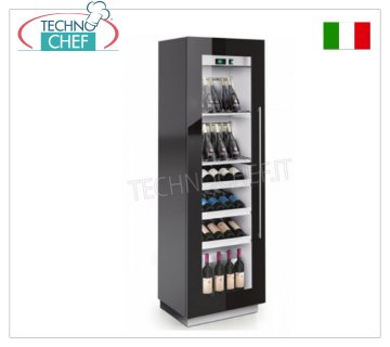 Wine fridge 1 glass door, capacity from 66 to 108 bottles, temp.+4°/+18°C WINE REFRIGERATOR, 1 glass door, version with 2 TUBULAR SHELVES for INCLINED BOTTLES + 3 WOODEN DRAWER SHELVES for HORIZONTAL BOTTLES, temp.+4+18°C, VENTILATED REFRIGERATION, capacity 66 bottles, V.230/1, Kw.0,19, Weight 130 Kg, dim.mm.610x500x1970h