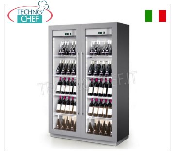 Wine fridge with 2 glass doors, capacity from 66+66 to 108+108 bottles, temp.+4°/+18°C WINE FRIGOR with 2 glass doors, 2 separate compartments with independent control, version with 4 SMOOTH PERFORATED STAINLESS SHELVES for VERTICAL BOTTLES, temp.+4 +18°C, VENTILATED REFRIGERATION, cap.108+108 bottles, V.230/ 1, Kw.0.38, dim.mm.1220x500x1970