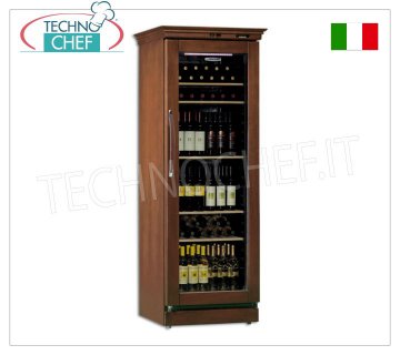 Technochef - 1 Door WINE Refrigerator for 106 Bottles, Static, Multitemperature from +6°/+16°C, Wooden wine cellar, Professional, 1 glass door, for 106 bottles, Static, temperature +6°/+16°C, LED lighting, V.230/1, Kw.0.125, Weight 94 Kg, dim.mm. 695x650x1880h
