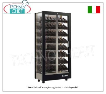 WINE CELLAR-CAPACITY 112 bottles Inclined, Static-Ventilated, 3 Glass Sides for WALL INSTALLATION WINE CABINET with MATT BLACK WOODEN FRAME, 3 GLASS SIDES, 112 SLOPED bottles capacity, STATIC or VENTILATED cold, temperature +4°/+16°C, for WHITE or RED WINES, doors on 1 front, V.230/1, Kw.0.45, Weight 107 Kg, dim.mm.860x530x1855h
