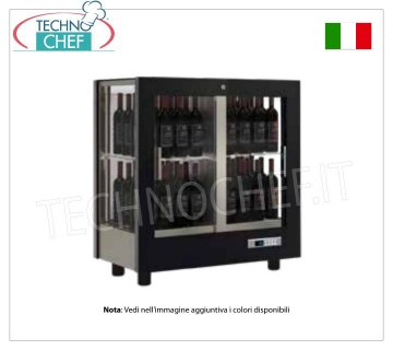 WINE CELLAR-CAPACITY 64 bottles Vertical, Static-Ventilated, 3 Glass Sides for WALL INSTALLATION WINE CABINET with WOODEN FRAME, MATT BLACK colour, 3 GLASS SIDES, capacity of 64 VERTICAL bottles, STATIC or VENTILATED cold, temp. +4°/+16°C, for WHITE or RED WINES, doors on 1 front, V.230/1, Kw.0.42, Weight 70 Kg, dim.mm.860x530x900h