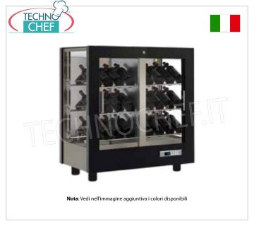 CELLAR-CASES for WINE, capacity 42 bottles Inclined, Static-Ventilated, 3 Glass Sides for WALL INSTALLATION WINE CABINET with MATT BLACK WOODEN FRAME, 3 GLASS SIDES, 42 SLOPED bottle capacity, STATIC or VENTILATED cold, temp.+4°/+16°C, for WHITE or RED WINES, doors on 1 front, V.230/1, Kw.0.42, Weight 66 Kg, dim.mm.860x530x900h