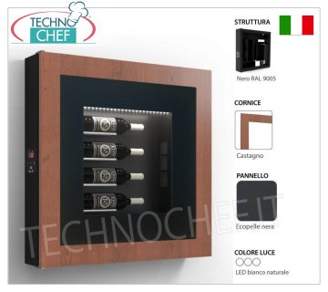 QUADRO REFRIGERATED WINE, 4 BOTTLES, Temp.+12°/+18° REFRIGERATED wine frame, 4 bottles, version with: BLACK structure, BLACK ECO-LEATHER panel, CHESTNUT colored LAMINATE frame, Natural white LED light, Temp.+12°/+18°, V.230/1, Kw.0.06 , Weight 30 Kg, dim.mm.780x780x155h
