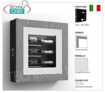 QUADRO REFRIGERATED WINE, 3 BOTTLES, Temp.+8°/+14° REFRIGERATED wine frame, 3 bottles, version with: BLACK structure, WHITE ECO-LEATHER panel, ASH LARCH color LAMINATE frame, Natural white LED light, Temp.+8°/+14°, V.230/1, Kw.0, 06, weight 22 kg, dim.mm.600x600x155h