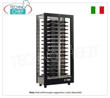 CELLAR-CASES for WINE capacity 120 bottles Horizontal, Static-Ventilated, 4 Glass Sides for CENTRAL INSTALLATION WINE CABINET with MATT BLACK WOOD FRAME, GLASS ON ALL SIDES, capacity of 120 HORIZONTAL bottles, STATIC or VENTILATED cold, temp. +4°/+16°C, for WHITE or RED WINES, doors on 2 fronts , V.230/1, Kw.0,424, Weight 120 Kg, dim.mm.860x530x1893h
