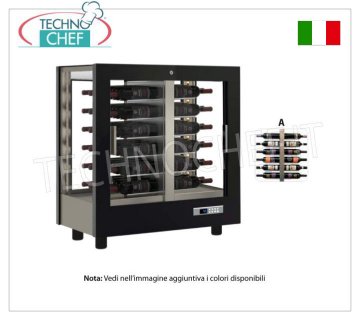 CELLAR-CASES for WINE capacity 48 bottles Horizontal, Static-Ventilated, 4 Glass Sides for CENTRAL INSTALLATION WINE CABINET with MATT BLACK WOODEN FRAME, GLASS ON ALL SIDES, capacity of 48 HORIZONTAL bottles, STATIC or VENTILATED cold, temp. +4°/+16°C, for WHITE or RED WINES, doors on 2 fronts, V.230/1, Kw.0.40, Weight 73 Kg, dim.mm.860x530x938h