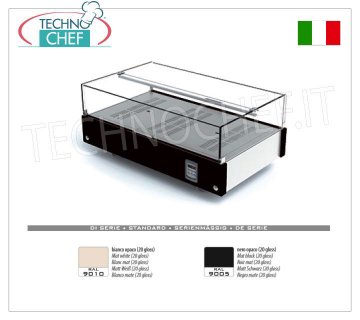 Warm countertop display cases HEATED counter display showcase with plexiglass dome complete with reinforcement rod and drop doors on 2 fronts, CORNICE line, with wooden base in the standard colours, temperature 65°C, V.220/1, Kw.0.54 , dim.mm.870x510x375h