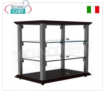 Neutral countertop display cases Neutral countertop display cabinet, QUADRO line, with base and top in WENGE' colored wood, SATIN NICKEL metal structure, bottom surface and 2 intermediate shelves in glass, drop-down glass doors on the 2 fronts, dim.mm.740x350x550h