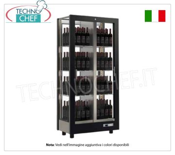 CELLAR-TECA for WINE, capacity 128 Vertical bottles, Static-Ventilated, 4 Glass Sides for CENTRAL INSTALLATION WINE CABINET with MATT BLACK WOODEN FRAME, GLASS ON ALL SIDES, capacity 128 VERTICAL bottles, STATIC or VENTILATED cold, temp. +4°/+16°C, for WHITE or RED WINES, doors on 2 fronts, V.230/1, Kw.0,424, Weight 130 Kg, dim.mm.860x530x1893h