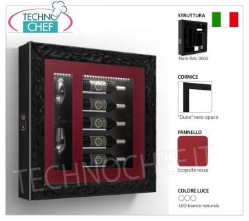REFRIGERATED WINE FRAMEWORK, 5 BOTTLES and 2 GLASSES, Temp.+12°/+18° REFRIGERATED wine frame, 5 bottles and 2 glasses, version with: BLACK structure, RED ECO-LEATHER panel, MATT BLACK DUNE frame, Natural white LED light, Temp.+12°/+18°, V.230/1, Kw.0 ,06, Weight 30 Kg, dim.mm.780x780x155h
