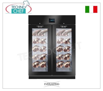 Cured meat seasoner and preserver in black steel, 2 GLASS DOORS, max yield 200 kg Seasoning and Storage Cabinet for Cured Meats in Black Plasticized Steel, 2 Glass Doors, max capacity 200 Kg, Temp. 0°/+30°C, digital controls, V. 230/1, Kw.2.6, Weight 193 Kg, dim. mm.1500x850x 2080h
