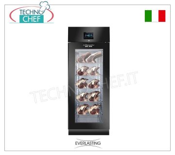 Cured meat seasoner and preserver in black steel, 1 GLASS DOOR, max yield 100 kg Seasoning and Storage Cabinet for Cured Meats in Black Plasticized Steel, 1 Glass Door, max capacity 100 Kg, Temp. 0°/+30°C, digital controls, V. 230/1, Kw.1.8, Weight 168 Kg, dim. mm.750x850x 2080h
